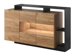 Vente-unique Buffetkast-Buffetkast Met 3 Deuren En 3 Nissen - Met Ledverlichting - Natuurlijk En Antraciet - Idesia