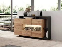 Vente-unique Buffetkast-Buffetkast Met 3 Deuren En 3 Nissen - Met Ledverlichting - Natuurlijk En Antraciet - Idesia