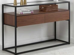 Vente-unique Sidetable-Buffetkast Met 2 Lades Van Mdf, Gehard Glas En Metaal - Donker Naturel - Camata