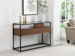 Vente-unique Sidetable-Buffetkast Met 2 Lades Van Mdf, Gehard Glas En Metaal - Donker Naturel - Camata
