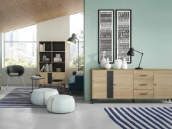 Vente-unique Buffetkast-Buffetkast Portland - 3 Laden En 3 Deuren - Kleur: Eiken En Zwart