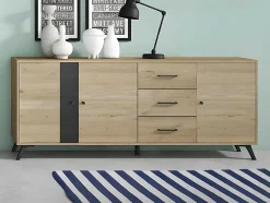 Vente-unique Buffetkast-Buffetkast Portland - 3 Laden En 3 Deuren - Kleur: Eiken En Zwart