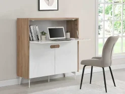 Vente-unique Bureaumeubel-Bureaukast Met 3 Deuren - Mdf En Metaal - Naturel En Wit - Derelis