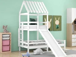 ModernLuxe Kinderbed-Cabine Stapelbed Met Glijbaan - 90X200Cm + 90X100Cm - Massief Grenen - Wit