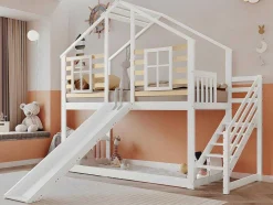 ModernLuxe Kinderbed-Cabine Stapelbed 90X200Cm - Massief Grenen - Met Trap En Glijbaan - Wit