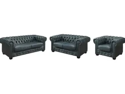 LINEA SOFA Set Zitbank + Fauteuil-Chesterfield Zitbank 3 + 2 + 1 Plaatsen Brenton 100% Buffelleer - Spaans Groen