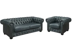 LINEA SOFA Set Zitbank + Fauteuil-Chesterfield Zitbank 3 + 1 Plaatsen Brenton 100% Buffelleer - Spaans Groen