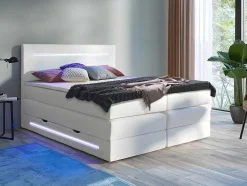 DREAMEA Aanbiedingen: Slaapkamer & Kantoor-Complete Boxspring Met Hoofdeinde Met Leds, Bedbodem Met Opbergruimte, Matras En Dekmatras - Wit - Kunstleer - 160 X 200 Cm - Keros Van