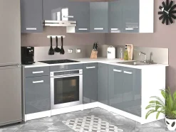 Vente-unique Keukenmeubel-Complete Hoekkeuken - 9 Opbergruimtes - Grijs & Wit - Trattoria