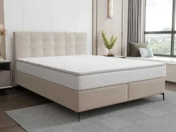 Ysmée Boxspringbed-Complete Set Met Boxspring En Gecapitonneerd Hoofdbord + Bedbodem + Matras + Topmatras - 180 X 200 Cm - Stof - Beige - Inao Van Ysmee