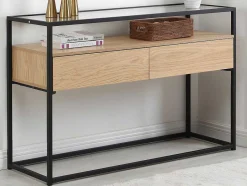 Vente-unique Sidetable-Consoletafel Met 2 Lades Van Mdf, Gehard Glas En Metaal - Licht Naturel - Camata