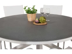Vente-unique Tuinset-Copacabana Tuinmeubelset Tafel O140Cm En 6 Stoel Santorini Wit, Grijs, Cremekleur.