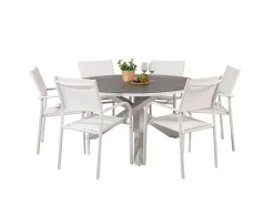 Vente-unique Tuinset-Copacabana Tuinmeubelset Tafel O140Cm En 6 Stoel Santorini Wit, Grijs, Cremekleur.