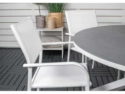 Vente-unique Tuinset-Copacabana Tuinmeubelset Tafel O140Cm En 6 Stoel Santorini Wit, Grijs, Cremekleur.