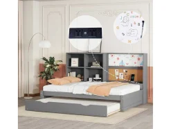 ModernLuxe Bed Met Slaaplade-Dagbed Met Onderschuifbed - 90X200Cm - Met Tekentafel En Opbergvakken - Grijs