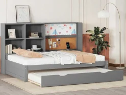 ModernLuxe Bed Met Slaaplade-Dagbed Met Onderschuifbed - 90X200Cm - Met Tekentafel En Opbergvakken - Grijs