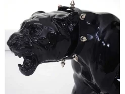 Vente-unique Standbeeld-Decoratief Beeldje Panter Met Halsband, Zwart Hoogglans Met Kraag
