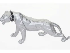 Vente-unique Standbeeld-Decoratief Beeldje Panter Met Halsband, Zilver Mat Met Kraag