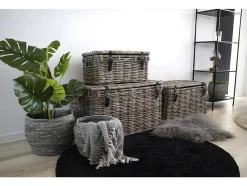 Vente-unique Opbergaccessoire-Demsy Opbergdozen 3 Stk. In Kubu Grijs Met Leren Hengsels.