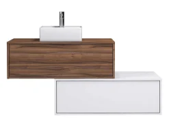 Vente-unique Badkamermeubel Met Enkele Wastafel-Donker Naturel En Wit Hangend Badkamermeubel Met Enkele Wastafel En Twee Lades - 94 Cm - Teana Ii
