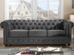 Vente-unique Bankstel 3+2-Drie- En Tweezitsbank Van Antracietkleurig Velours Chesterfield