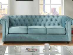 Vente-unique Bankstel 3+2-Drie- En Tweezitsbank Van Pastelblauw Velours Chesterfield