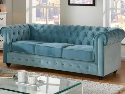 Vente-unique Bankstel 3+2-Drie- En Tweezitsbank Van Pastelblauw Velours Chesterfield