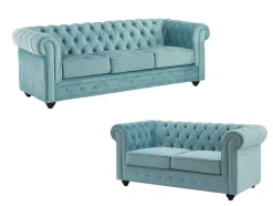 Vente-unique Bankstel 3+2-Drie- En Tweezitsbank Van Pastelblauw Velours Chesterfield