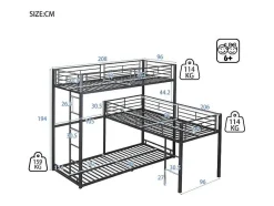 Vente-unique Kinderbed Stapelbed-Driedubbele Stapelbedden 90 X 200 Cm - Hoge Reling En Ladder - Metaal - Zwart