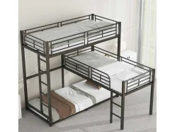 Vente-unique Kinderbed Stapelbed-Driedubbele Stapelbedden 90 X 200 Cm - Hoge Reling En Ladder - Metaal - Zwart