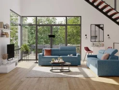 Vente-unique Speciale Modellen Zitbanken & Fauteuils-Driezits Express Slaapbank Van Stof Vizir - Blauw - Slaapafmeting Met Brede Latten 140 Cm - Matras 18 Cm