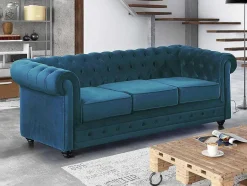Vente-unique Chesterfield Zitbank-Driezitsbank Chesterfield Fluweel - Eend Blauw