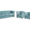 Vente-unique Set Zitbank + Fauteuil-Driezitsbank En 2 Fauteuils Chesterfield - Fluweel - Pastel Blauw