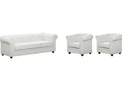 Vente-unique Set Zitbank + Fauteuil-Driezitsbank En 2 Fauteuils Chesterfield Van Kunstleer - Wit