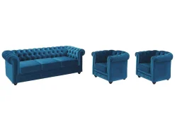 Vente-unique Set Zitbank + Fauteuil-Driezitsbank En 2 Fauteuils Chesterfield - Fluweel - Eend Blauw