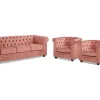Vente-unique Set Zitbank + Fauteuil-Driezitsbank En 2 Fauteuils Chesterfield - Fluweel - Pastel Roze