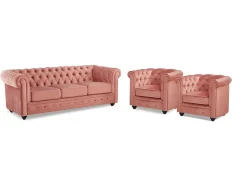 Vente-unique Set Zitbank + Fauteuil-Driezitsbank En 2 Fauteuils Chesterfield - Fluweel - Pastel Roze