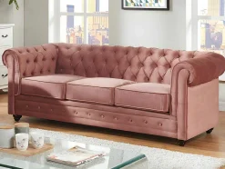 Vente-unique Set Zitbank + Fauteuil-Driezitsbank En 2 Fauteuils Chesterfield - Fluweel - Pastel Roze