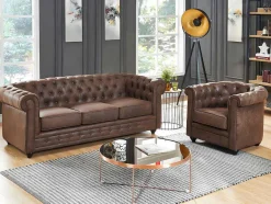 Vente-unique Set Zitbank + Fauteuil-Driezitsbank En Fauteuil Chesterfield Van Microvezel Met Vintage Look