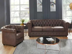 Vente-unique Set Zitbank + Fauteuil-Driezitsbank En Fauteuil Chesterfield Van Microvezel Met Vintage Look