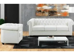 Vente-unique Set Zitbank + Fauteuil-Driezitsbank En Fauteuil Chesterfield Van Kunstleer - Wit