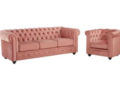 Vente-unique Set Zitbank + Fauteuil-Driezitsbank En Fauteuil Chesterfield - Fluweel - Pastel Roze