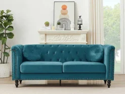 Vente-unique Chesterfield Zitbank-Driezitsbank Van Blauwgroen Velours Turner