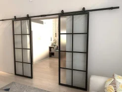 Vente-unique Schuifdeur-Dubbele Schuifdeur H205 X B83 Cm - Aluminium En Mat Gehard Glas - Wilden
