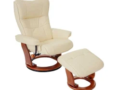 Vente-unique Fauteuil Leer-Edmonton Fauteuil Met Kruk, Creme, Honingkleurig