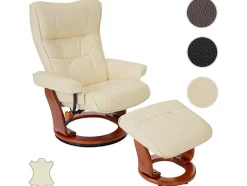 Vente-unique Fauteuil Leer-Edmonton Fauteuil Met Kruk, Creme, Honingkleurig