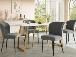 ModernLuxe Eettafel-Eettafel 140X80 Cm - Metalen Structuur - Marmerpatroon Fineer - Wit & Goud