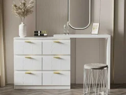 ModernLuxe Kaptafels-Eigentijdse Scandinavische Draaibare Kaptafel Met 6 Lades - Versierd Met Bloemmotief - Wit