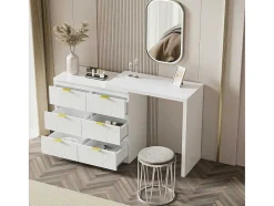 ModernLuxe Kaptafels-Eigentijdse Scandinavische Draaibare Kaptafel Met 6 Lades - Versierd Met Bloemmotief - Wit