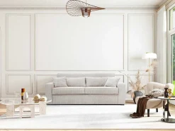 Vente-unique Slaapbank Met Matras-Express-Driezitsslaapbank Van Beige Ribfluweel - Bed Met Brede Latten 140 Cm - Matras 18 Cm - Mondovi